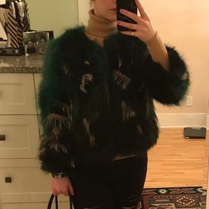 Fluffy green patchwork fox fur jacket